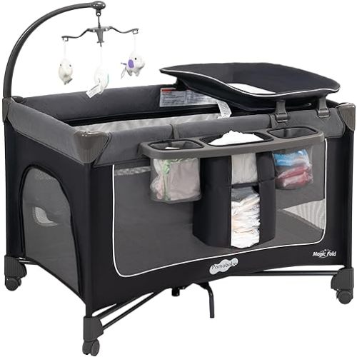 Pamo Babe Magic Fold Pack and Play with Bassinet 1 Step Set Foldable Playards Baby Playard with Changing Table Portable Playpen with Zip Door