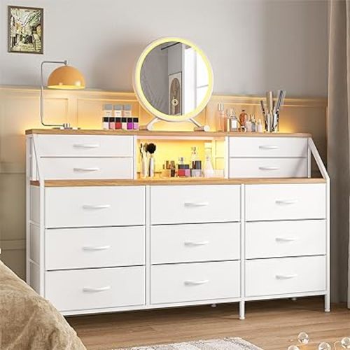 EnHomee 55”W White Dresser, Dresser for Bedroom, Dresser with 13 Large Drawer, Dressers & Chests of Drawers, White Dresser for Bedroom, Long Dresser for Closet Dresser with 2 Shelves