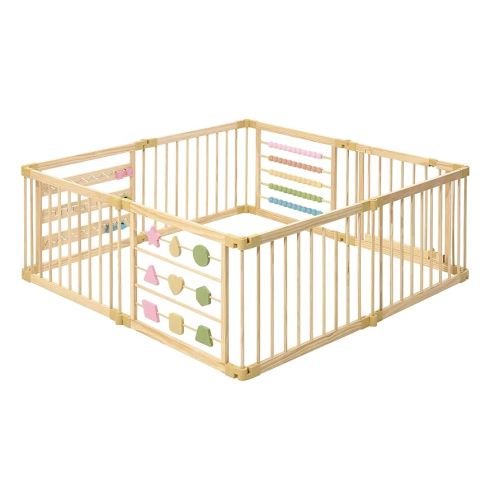 Wooden Playpen Extra Large for Toddlers and Babies - Foldable, Expandable, Adjustable - 8-10 Panels - Natural Wood - Unisex - Playpen