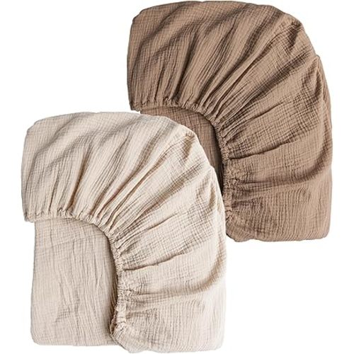 Konssy Muslin Crib Sheets for Girl Boy, 2 PCS Soft and Breathable Cotton Baby Sheets for Standard Crib Mattress, 52"x 28" (Brown, Cream)