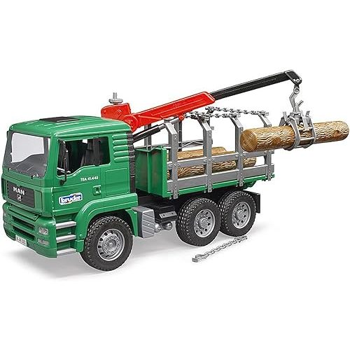 Bruder Toys - Forestry MAN Timber Truck with Fully Functioning Loading Crane, Tilting Loading Bed, and 3 Loadable Trunks - Ages 4+