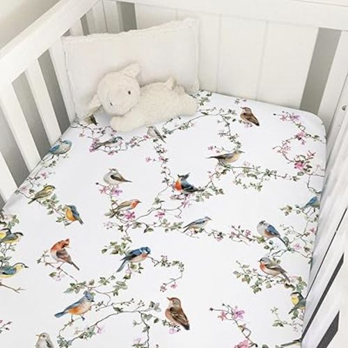 Watercolor Sparrow Spring Floral Fitted Crib Sheet - 52''x28'' Snug Baby Mattress for Standard Crib