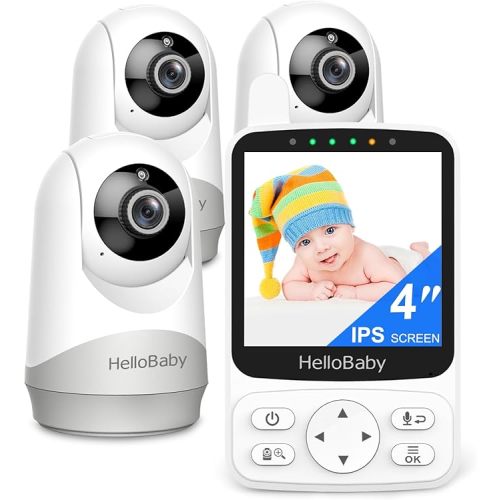 HelloBaby Baby Monitor with 3 Cameras, 4-Inch IPS Screen, PTZ Rotation, Night Vision, Two-Way Talk, VOX Mode, 1000ft Range, No WiFi Needed, Secure FHSS Encryption, for Newborns & Toddlers - Gift Pack