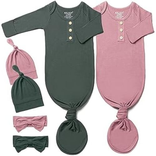 Baby Noah Newborn Knotted Gown Set with Hat and Headband - Buttery Soft Tie Bottom Gown for Baby's Sweet Dreams (2 Packs)