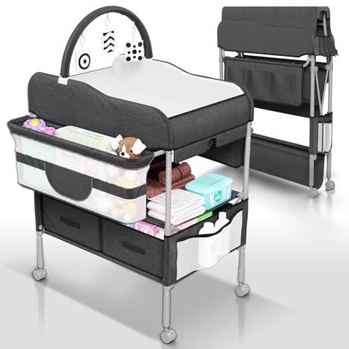 SpaceSlate Baby Changing Table Black with Storage - Collapsible Baby Diaper Changing Station with Toy Holder, Baskets - Diaper Changing Table for Small Spaces, Portable Changing Table for Baby