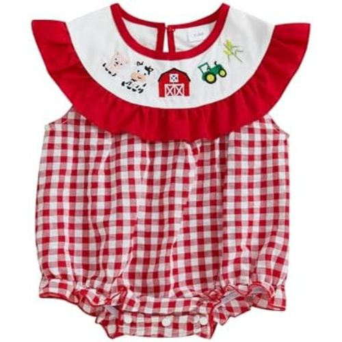 Newborn Baby Girl Farm Clothes Chicken Embroidey Bubble Smocked Romper Plaid Bowknot Western Country Bodysuit Shirt