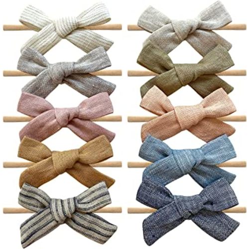 Cherssy Baby Girl 100% Original linen Bows Headbands, 10pcs Super Stretchy Nylon Hairbands For Newborn Infant Toddler