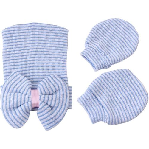 Newborn Hospital Hat Infant Baby Hat Caps with Bow Soft Cute Nursery Beanie Hat - One Size - 3 Set Hats and Mitten