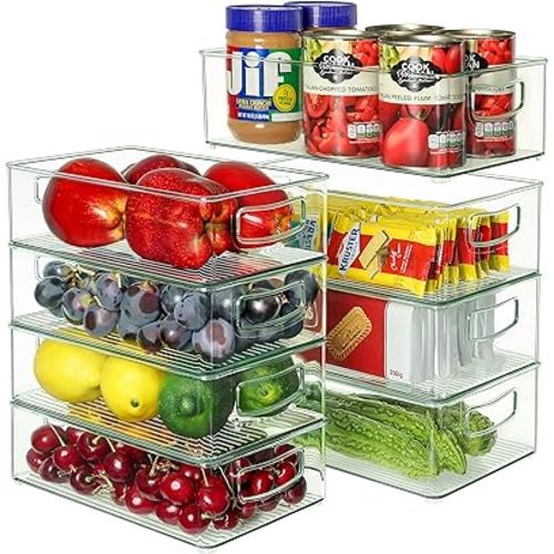 Set of 8 Clear Plastic Storage Bins, 4 Large and 4 Small Stackable Food Storage Organizer Bins for Pantry Organization and Kitchen Cabinet, Refrigerator Fridge Organizers and Storage
