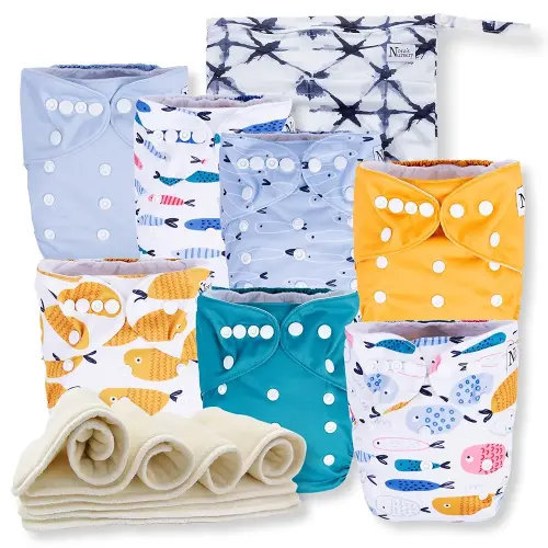 Nora's Nursery Cloth Diapers 7 Pack with 7 Inserts & 1 Wet Bag - Waterproof Cover, Washable, Reusable & One Size Adjustable Pocket Diapers for Newborns and Toddlers - Reel Me in