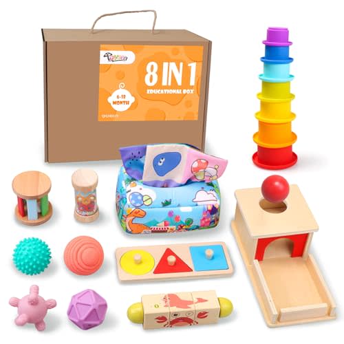Montessori Toys for Babies 6-12 Months,1 Year Old,8 in 1 Baby Sensory Toys for 12-18 Months Toddler,Wooden Educational Development Toys with Soft Stacking Cup&Sensory Ball&Tissue Box