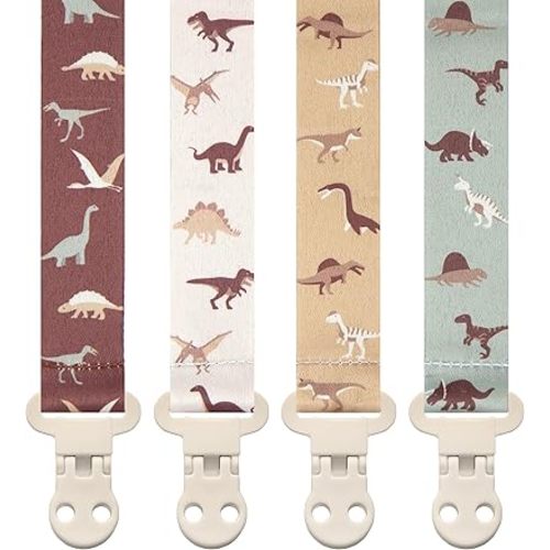 Baby Pacifier Clip Holder - Girl or Boy Unisex 4 Pack Gift Set – Boho Modern Neutral Neutral Dinosaur (Rex)
