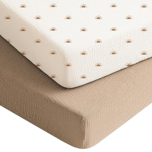 Konssy Muslin Crib Sheets for Boys, Soft Cotton Neutral Baby Sheets for Standard Crib Mattress 2 Pack, 52"x28" (Camel, Sun)