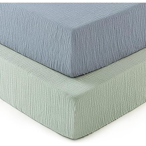 david's kids Muslin Crib Sheets for Boys Girls, 2 Pack 100% Cotton Soft Breathable Fitted Baby Neutral Sheet Set, Standard 52"x28" Crib and Toddler Mattress, Sage Green & Dusty Blue