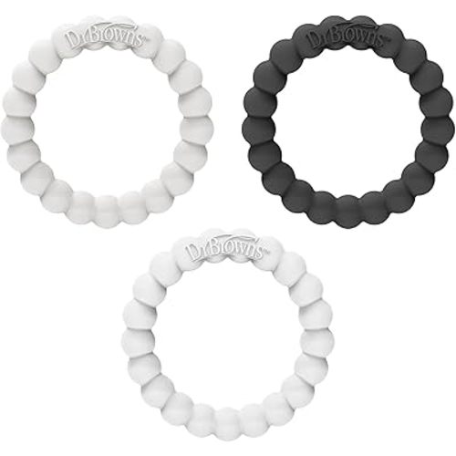 Dr. Brown's Flexees Beaded Teether Rings, 100% Silicone, Soft & Easy to Hold, Encourages Self-Soothe, 3 Pack, Black, White, Gray, BPA Free, 3m+