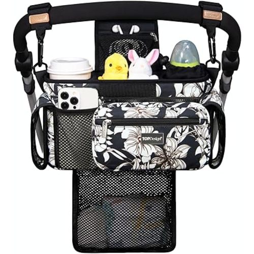 TOPDesign Universal Baby Stroller Organizer, Stroller Caddy with Detachable Mesh Bag & Heightened Insulated Cup Holders & Non-Slip Secure Hooks Accessories, Fits Most Strollers (Morning Glory)