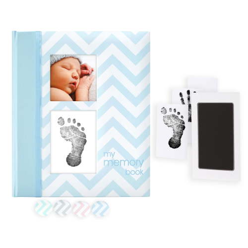 Pearhead Chevron Baby Memory Book and Clean Touch Ink Pad, Blue
