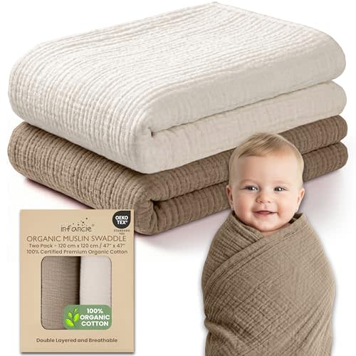 Organic Muslin Baby Blanket 2-Pack Olive & Ivory, 47x47 Inch, 100% Organic Cotton Oeko-TEX Certified Hypoallergenic Swaddle Blanket for Newborn, Boho Nursery