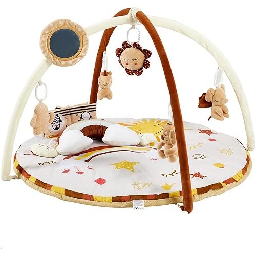 Baby Gym Play Mat, Baby Activity Center with 9 Detachable Toys for Stage Sensory&Motor Skills&Cognitive Development, Padded Tummy Time Mat Washable Non-Slip, Essential for Newborn Infants to Toddlers