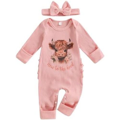 New To The Herd Baby Girl Outfit Highland Cow Romper Newborn Long Sleeve Western Ribbed Knit Fall Jumpsuit Headband