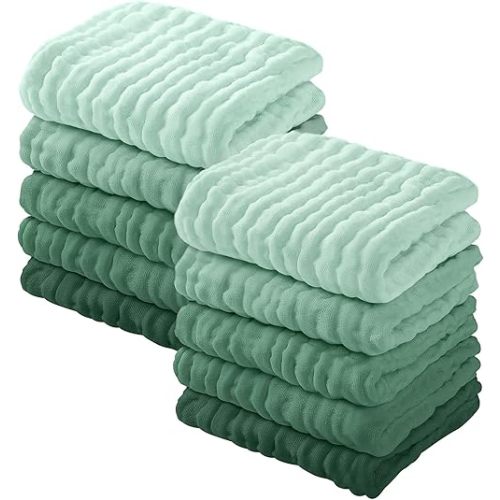 Yoofoss Muslin Baby Washcloths 100% Cotton Face Towels 10 Pack Wash Cloths for Baby 12x12in Soft and Absorbent Baby Wipes (Gradient Green)