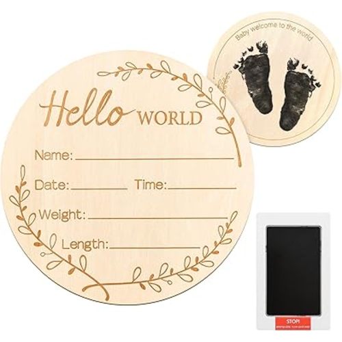 ZIEYOMI-Baby Announcement Sign, Wooden Hello World Newborn Baby Name Sign Birth Announcement Board Plaque for Hospital Nursery Photo Prop Ba-by Shower