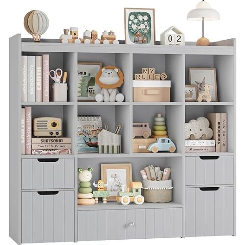 HORSTORS 48" W Kids Toy Storage Organizer, Large Toy Storage Chest with Removable Bins, 46" H Kids Bookshelf and Bookcase with Drawers for Boys and Girls, Modern Toy Box for Playroom, Classroom, Grey
