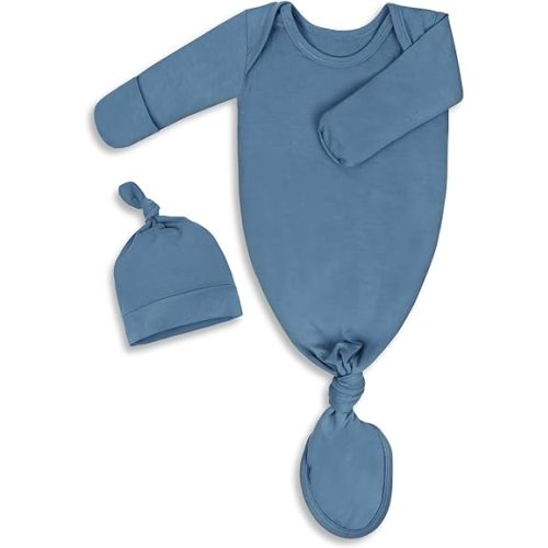 Baby Newborn Knotted Gown 0-6 Months, Super Soft Infant Long Sleeve Sleepwear for Girl and Boy, Baby Coming Home Hospital Outfit with Hat Set Blue