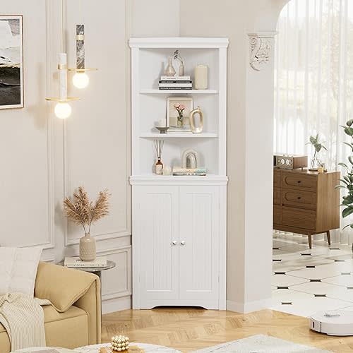 Flamaker Corner Cabinet, Freestanding Corner Shelf with 2 Doors and 3 Shelves, Bathroom Corner Storage Cabinet for Bathroom, Living Room, Bedroom or Kitchen (White)