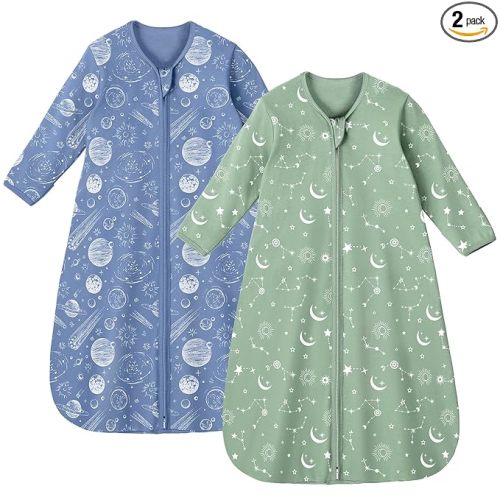 Unnivoll Baby Sleep Sack 6-12 Months 100% Cotton Long Sleeve Wearable Blanket Baby Sleep Bag with 2-Way Zipper 2 Pack 0.5 Tog Sleeping Sack for Newborn Infant Blue Green