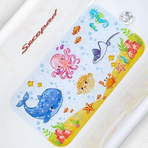 Kids Bath Mat for Tub Non Slip, 27.5in x 15in Large Cartoon Anti Slip Toddler Baby Bathtub Mat, Pink Octopus