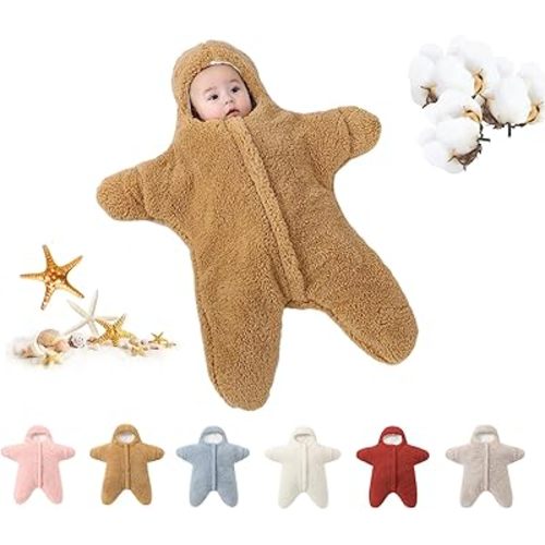 Baby Starfish Onesie, Thick Imitation Fleece Starfish Newborn Romper, Infant Footie Jumpsuit Winter Warm Outfits(Khaki,2-6 Months)