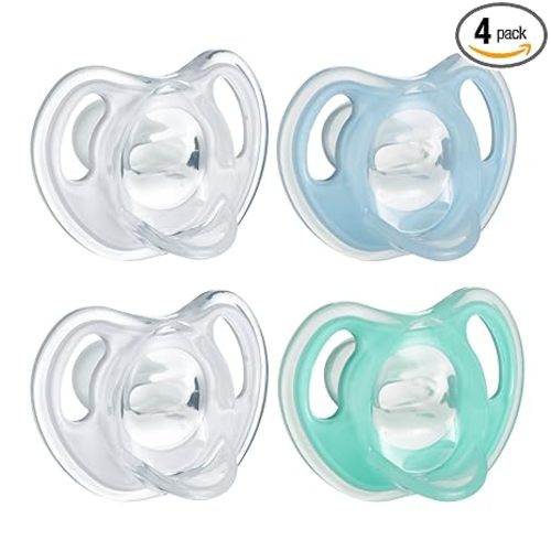 Tommee Tippee Ultra-Light Silicone Pacifier, 0-6 Months, Symmetrical One-Piece Design, BPA-Free Silicone Binkies, Clear/Blue/Green, Pack of 4