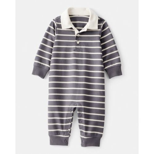 Baby Boy Striped Cotton Long-Sleeve Polo Jumpsuit - Grey/Ivory - Carter's | Carter's