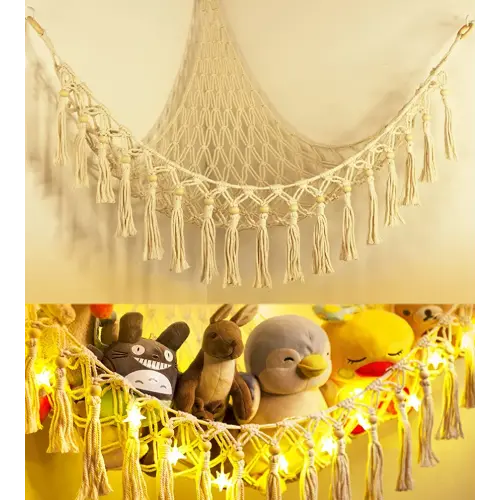 Stuffed Animal Toy Storage Hammock with LED Light - Macrame Jumbo Doll Corner Stuff Animals Organizer Decorations - Cute Hanging Plushie Net Kids Baby Nursery Bedroom Room Decor