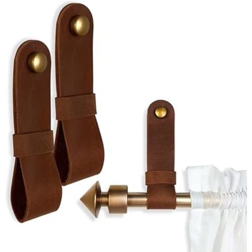 2 Pc Minimalist Design Leather Curtain Rod Bracket - Easy to Install Set of Universal Wall Hanging Strap Curtain Rod Holders with Screws and Plastic Wall Plugs - 4.8" x 1.2" (Cognac)