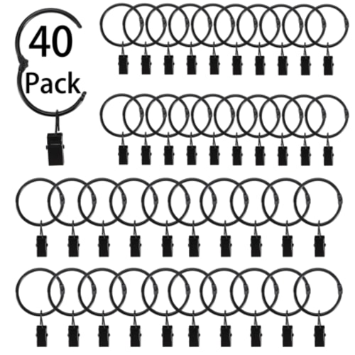 XKDOUS 40 Pcs Shower Curtain Rings with Clips, Black Curtain Rings Metal Curtain Hooks, Snap Joint Design, 1.26 Inch
