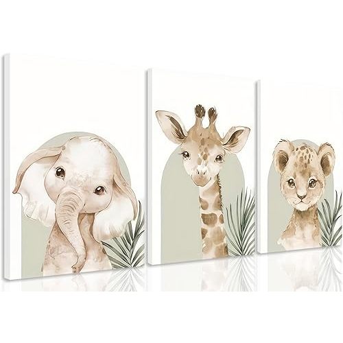 HNNXAR Nursery Canvas Wall Art Set Of 3 Baby Boy Girls Kids Room Picture Wall Decor Jungle Safari Lion Elephant Giraffe Poster Painting Cute Animal Prints For Children Toddlers Bedroom 16x24 Framed