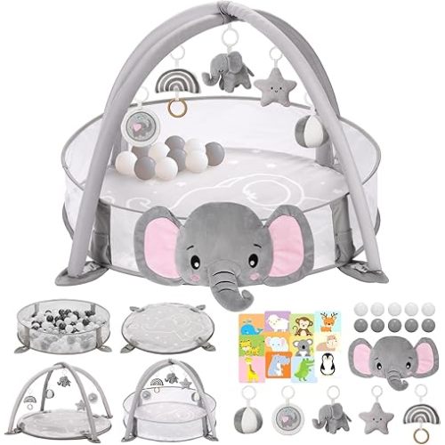 7-in-1 XL Large Baby Play Gym Mat, Tummy Time Mat, Baby Gym & Ball Pit, Baby Activity Mat with Milestone Cards & 6 Detachable Toys for Sensory Motor Skill, Elephant