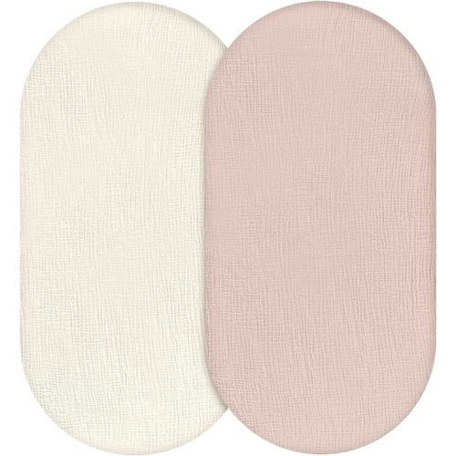 Muslin Bassinet Fitted Sheets, 2 Pack for Baby Boy and Girl, Soft Breathable Stretchy Baby Pad/Mattress Sheet Set, Universal Fit for Hourglass Oval and Rectangle Bassinet Mattress (Gentle Colors)