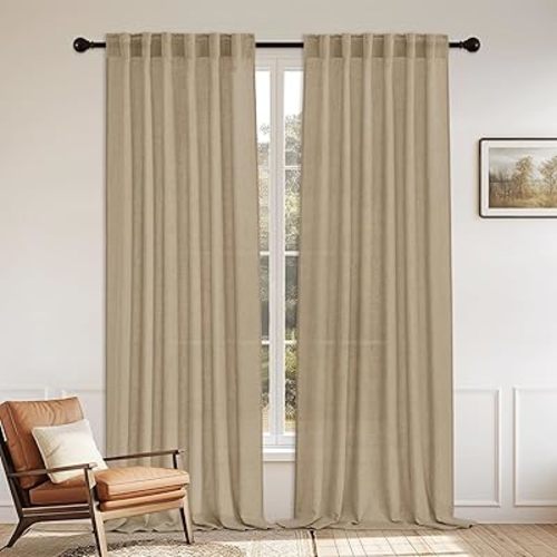 StangH Linen Curtains 90 inches Long for Office, Light Soften Semi Sheer Window Drapes Back Tab Rustic Drapes for Living Room Bedroom, Natural, W52xL90, Set of 2