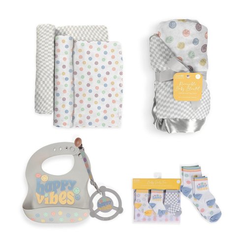 JuJuBe Everyday Essentials Happy Baby Vibes Swaddle Blankets, Reversible Blanket, Socks, Bib, & Teether Ring, Baby Set