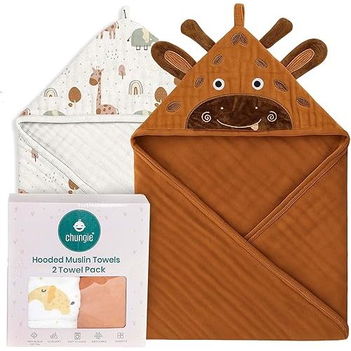 Chungie Soft Muslin Hooded Baby Towels 32x32 inches – 100% Cotton, 6-Layer Breathable Newborn Bath Towels with Hood, Pack of 2 (Printed + Embroidered)