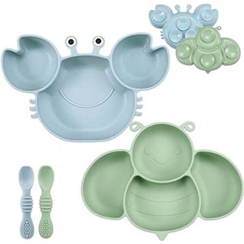 PandaEar 2 Pack Silicone Suction Plates for Baby, Divided Unbreakable Toddler Plate with 2 Pack Spoons for Self Feeding, Babies Utensils Feeding Set Baby Eating Supplies, Crab & Bee Shape -Blue&Green