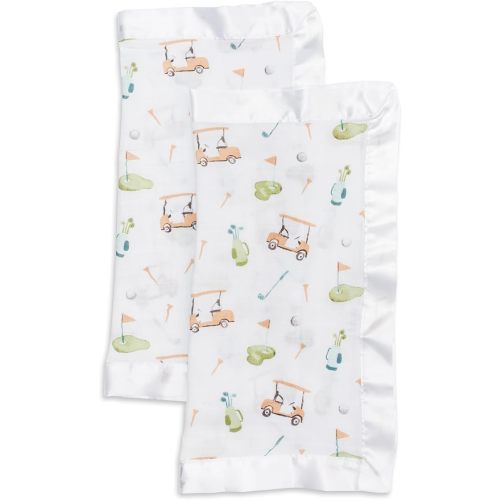 lulujo Baby Security Lovie Blankets| Unisex Softest Breathable Cotton Muslin Security Blanket with Silky Satin Trim| Neutral Comforting Blanket for Girls & Boys | 16in by 16 in| Golf