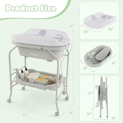 INFANS 2 in 1 Baby Changing Table with Bath Tub Unit, Folding Diaper Dresser Station with Wheels Waterproof Pad Storage Rack, Portable Nursery Organizer Stand for Newborn Infant (Light Grey)