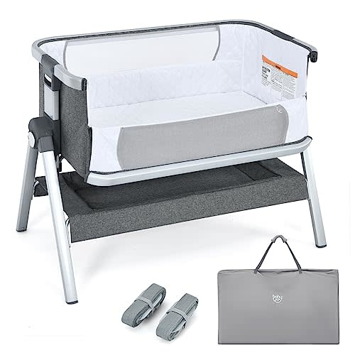 BABY JOY Bassinet, Portable Bedside Crib w/Mattress, Storage Basket, Built-in Pulleys, Adjustable Height & Travel Bag, Bassinet Bedside Sleeper for Newborn Infants (Gray)