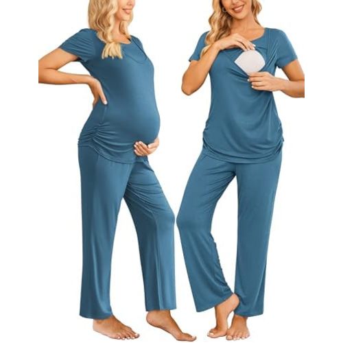 Ekouaer Women Maternity Nursing Pajama Set Breastfeeding Sleepwear Set Short Sleeve Top & Pants Postpartum Pajamas