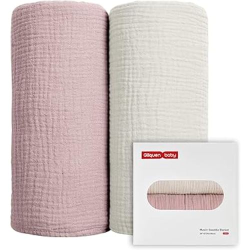 GLLQUEN BABY Muslin Swaddle Blankets for Girls, 2-Pack Organic Baby Blankets for Girl Boy, Newborn Receiving Blanket, Baby Swaddle Blanket Unisex, Baby Essentials, Registry & Gift, 40 x 38 inches