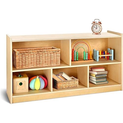 Wooden Storage Cabinet, 5-Section Montessori Bookshelf, Kids Toy Storage Organizer Book Shelf for Kids Rooms, Classroom, Playroom, Nursery, Preschool Book Shelves